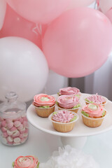 Pink cakes and pink balloons welcome guests to the party
