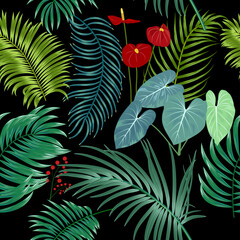 Tropical vector seamless pattern with  leaves of palm tree and flowers