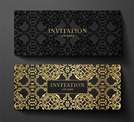 Premium VIP Invitation template with vintage curve golden ornament (pattern) on black background. Luxury vector collection design for invite, Gift certificate, Voucher, Gift card or coupon
