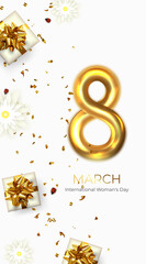 International Women's Day. March 8. Greeting card with Gold number 8.