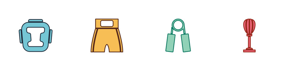 Set Boxing helmet, short, Sport expander and Punching bag icon. Vector.