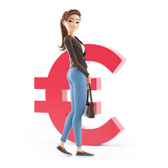 3d cartoon woman in front of euro sign