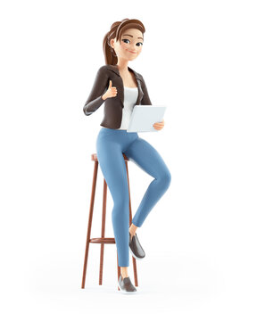 3d cartoon woman sitting with tablet and thumb up
