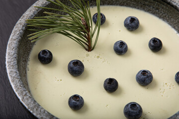 Vanilla dessert with fresh blueberries in rustic grey bowl