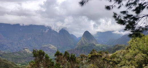 Mountainous landscape of inland mountain of Reunion island, France, Tropical Europe.