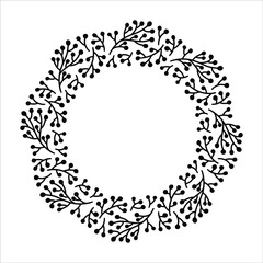 Vector hand drawn spring wreath isolated on white background. Silhouette circle of leaves. Doodle style. Floral frame.