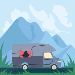 Fototapeta na wymiar purple camper trailer at landscape vector design