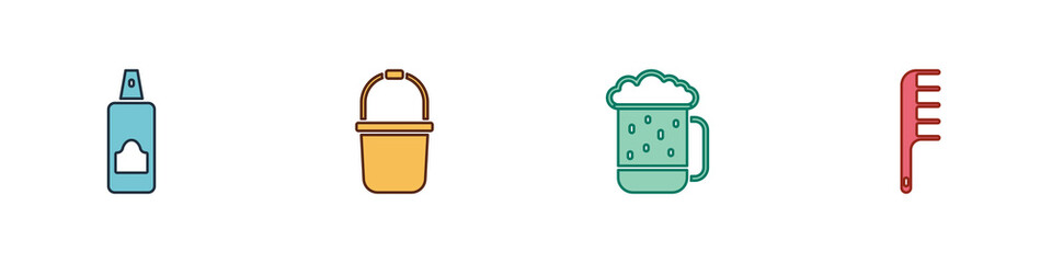 Set Spray can for hairspray, Sauna bucket, Wooden beer mug and Hairbrush icon. Vector.