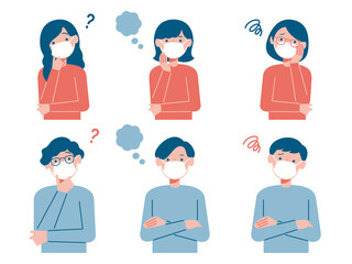 マスクをした若い男性・女性のセットイラスト（疑問・悩み）