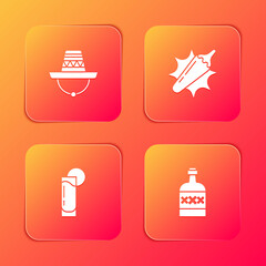 Set Mexican sombrero, Hot chili pepper pod, Tequila glass with lemon and bottle icon. Vector.