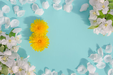 Greeting card background with 8 March, from flowers on a blue background