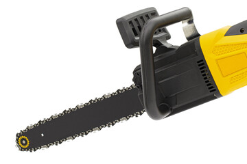Fototapeta premium Yellow electric chain saw, isolated on white background