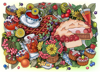 Sweets, berries, fruits, drinks illustration