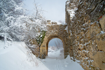 Ruins of Mangup-Kale cave city in the winter