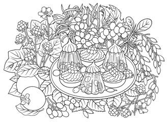 Sweets, berries, fruits hand drawn illustration
