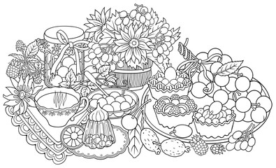 Sweets, berries, fruits, drinks illustration
