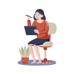 Woman working with digital tablet at home. Vector illustration in flat design.