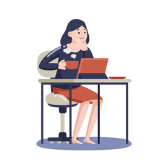 Woman working with digital tablet at home. Vector illustration in flat design.