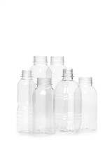 many different empty plastic bottles isolated on white background.