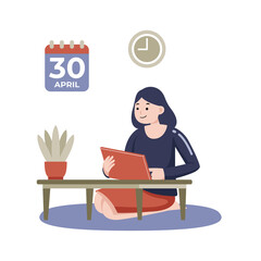 Woman working with digital tablet at home. Vector illustration in flat design.