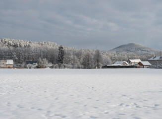 Winter landscape with view of village Travnik with country houses and cottage, surrounded by snow-covered fields and snowy frost forest and trees on cloudy day