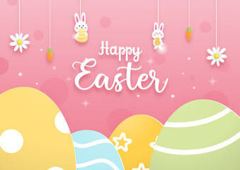 Easter horizontal banner with cute rabbit and colorful Easter eggs paper cut concept. 