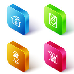 Set Isometric line House with dollar symbol, Washer, Location house and Garage icon. Vector.