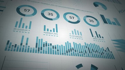 Business Statistics, Market Data And Infographics Animation Loop/ 4k animation of a set of design business and market data analysis and reports layouts, with infographics, bar stats, charts and diagra