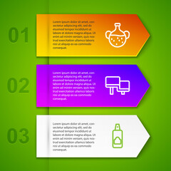 Set line Essential oil bottle, Sauna wood bench and Spray can for hairspray. Business infographic template. Vector.