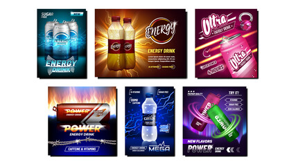 Energy Drink Creative Promotion Posters Set Vector. Power Drink Blank Aluminum Container And Plastic Bottle On Advertising Banners. Collection Flyers Style Concept Template Illustrations