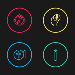 Set line Christian cross, Burning candle, Cross ankh and Yin Yang icon. Vector.