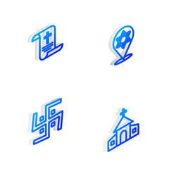 Set Isometric line Star of David, Decree, paper, parchment, scroll, Hindu swastika and Church building icon. Vector.