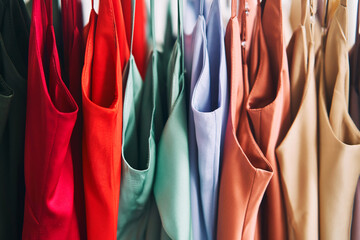 Multi-colored dresses hang on hangers in the store. Sale of women's dresses
