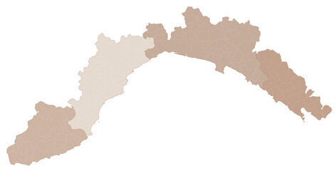 Liguria map, division by provinces and municipalities. Closed and perfectly editable polygons, polygon fill and color paths editable at will. Levels. Political geographic map. Italy