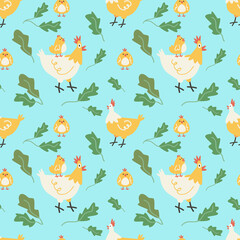 Seamless pattern with cute chickens, hens and plants on blue background.