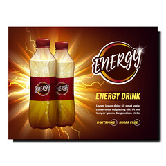 Energy Drink Blank Bottles Promo Poster Vector. Energy Drink Containers And Sparkle Effect On Elegance Advertising Banner. Refreshment Juicy Beverage Style Concept Template Illustration