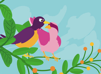 Spring birds on leaves vector design