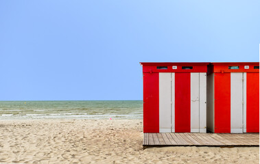 Vintage wooden beach huts on the beach of Dunkirk in France