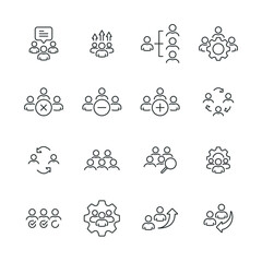 Team Work Related Vector Line Icons Set. Team Setup, Group Performance, Organization Structure, Add Staff, Delete, Collaboration, Job Search, Teamwork Management, Connection and Cooperation Icons