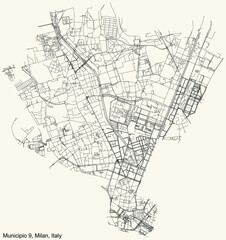 Fototapeta na wymiar Black simple detailed street roads map on vintage beige background of the quarter Municipio 9 Zone of Milan, Italy (Porta Garibaldi, Niguarda)