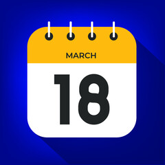 March day 18. Number eighteen on a white paper with yellow color border on a blue background vector.
