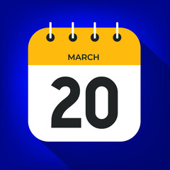 March day 20. Number twenty on a white paper with yellow color border on a blue background vector.