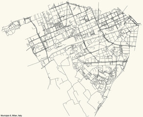 Black simple detailed street roads map on vintage beige background of the quarter Municipio 6 Zone of Milan, Italy (Barona, Lorenteggio)