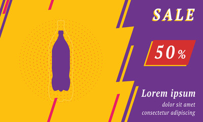 Sale promotion banner with place for your text. On the left is the plastic bottle symbol. Promotional text with discount percentage on the right side. Vector illustration on yellow background