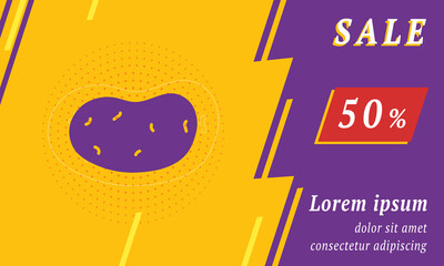 Sale promotion banner with place for your text. On the left is the potatoes symbol. Promotional text with discount percentage on the right side. Vector illustration on yellow background