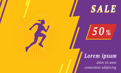 Sale promotion banner with place for your text. On the left is the running woman symbol. Promotional text with discount percentage on the right side. Vector illustration on yellow background