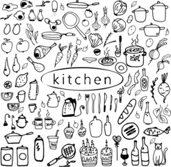 Kitchen doodle vector with the stuffs, hand made. Set of doodle kitchen tools on white background. Doodle kitchen equipments.