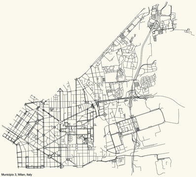 Black simple detailed street roads map on vintage beige background of the quarter Municipio 3 Zone of Milan, Italy (Citt&agrave; Studi, Lambrate, Porta Venezia)