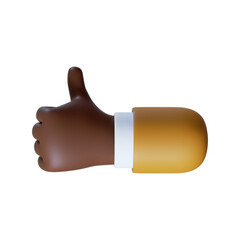 Thumb up social icon. African American cartoon character hand like gesture. Business clip art isolated on white background. 3d illustration.