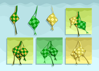 vector a set of ketupat with various cute color choices, perfect for decoration in the month of Ramadan on this Eid mubarak. all Muslims are happy. very delicious ketupat to enjoy. green and yellow.